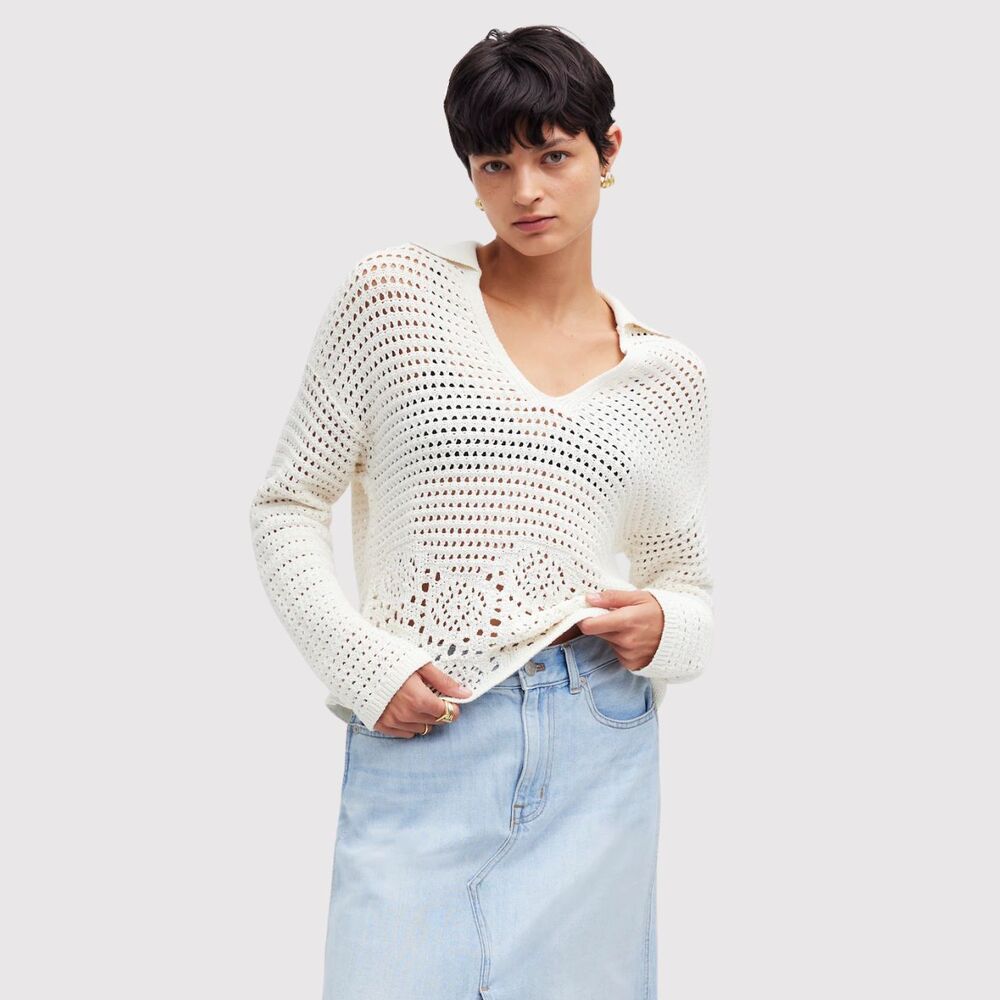 Madewell Womens Sweater Beige Crochet Polo V Neck Long Sleeve Pullover Boho XS